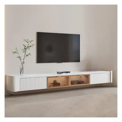 Wall Mounted Fluted TV Stand with 2 Drawers and Flip Glass Doors Stone Top Media Console