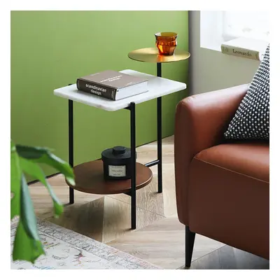 Modern Gold & Walnut & White Wood & Marble End Table with 3 Tiers