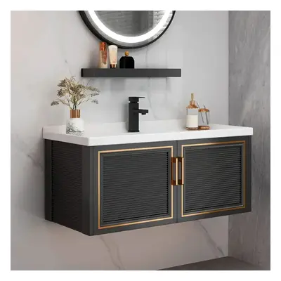 36" Black Floating Bathroom Vanity Set Drop-In Ceramic Sink with Cabinet