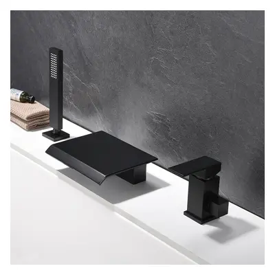 Moda Waterfall Matte Black 3-hole Bath Filler Tap with Handshower Solid Brass