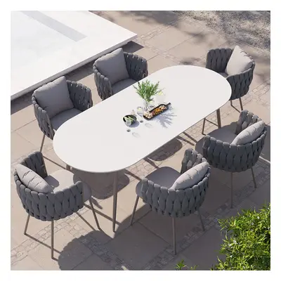 7 PCS 70.9'' Outdoor Marble Top Dining Table Set with 6 Rope Woven Armchairs Modern Yard & Patio