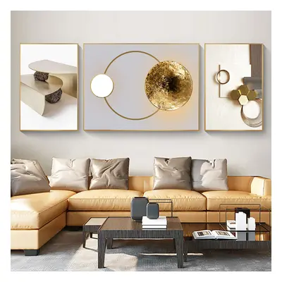 3 Pieces Modern Geometric Abstract White & Gold Wall Decor Set Canvas Painting with Frame Living