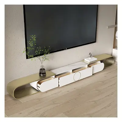 Modern Extendable Oval Metal TV Stand with 4 Drawers in Gold & White for TV up to 2600mm