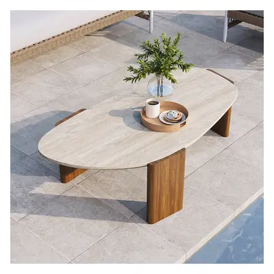 Modern Geometric Beige Outdoor Patio Travertine Coffee Table with Wood Stand in Walnut