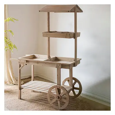 Natural Solid Wood Garden Cart Display Plant Stand Potting Bench