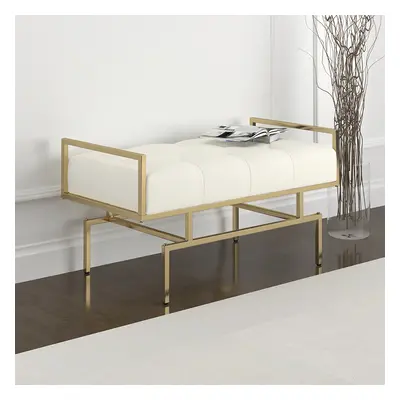 Modern Beige Hallway Bench Faux Leather Upholstered Tufted Bench Gold Legs