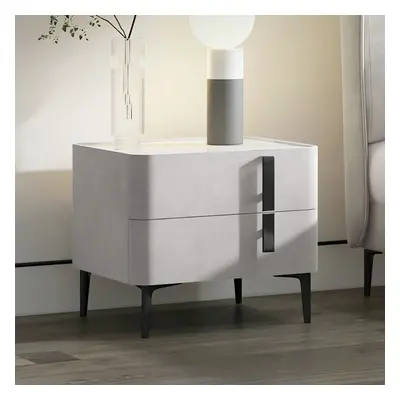 Modern White Bedside Table with 2 Drawers & Stone Top Bedroom Freestanding Nightstand