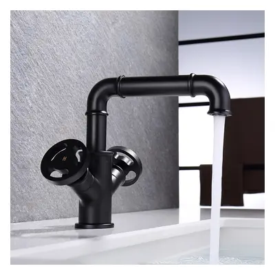 Ruth Industrial Pipe Matte Black Mono Bathroom Basin Mixer Tap Double Handles Brass