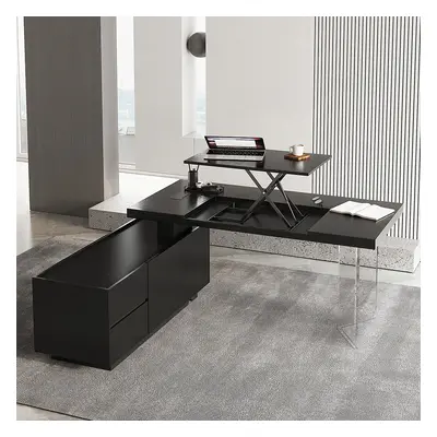 1815mm Modern Black L-Shape Executive Desk with Side Cabinet Height Adjustable Desktop Standing 