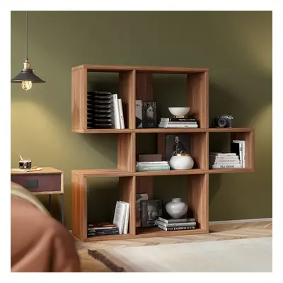 Modern 3-Tier Geometric Horizontal Bookcase Walnut Wood Bookshelf Storage Display Shelf Cube Boo