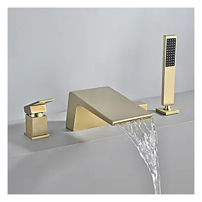 Waterfall Deck-Mount 4-Hole Bath Tap with Handshower in Brushed Gold