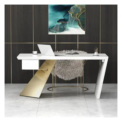 Cabstract Modern White & Gold Office Desk Writing Desk with Drawer Computer Desk (1600mm)