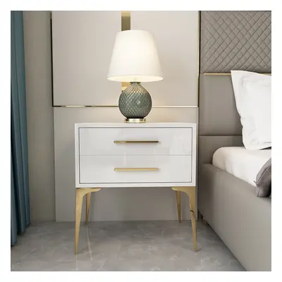 Modern White Bedside Table Glossy 2-Drawer Classic Bedside Cabinet High Legs