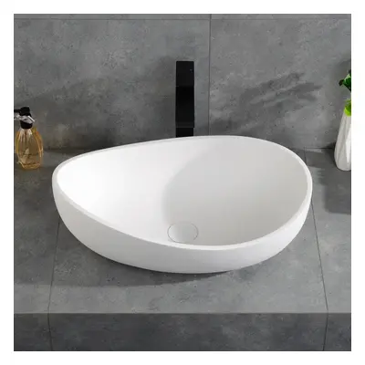 Bathroom Stone Resin Oval Vessel Sink Modern Art Sink Matte White with Pop Up Drain