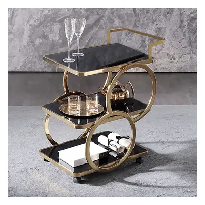 Rolling 3-Tier on Wheel Bar Cart with Handle in Black & Brushed Gold Style A