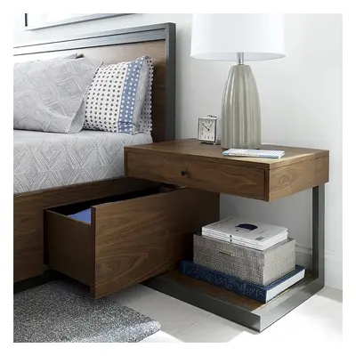 Rustic Walnut Bedroom Nightstand with Drawer with Shelf Bedside Table Wood & Black Metal