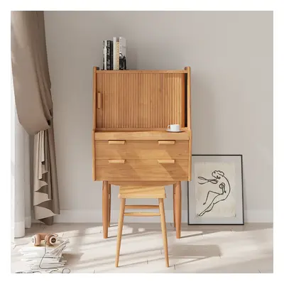 700mm Mid-Century Modern Natural & Walnut Secretary Desk with Hutch Desk with 2 Drawers & 2 shel