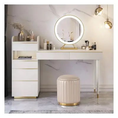 Off-white Makeup Vanity Set Dressing Table with Lighted Mirror Cabinet & Stool Included