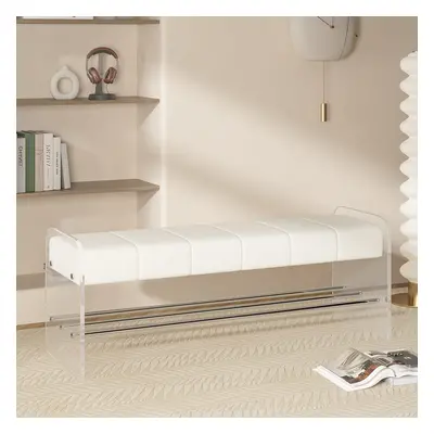 Velvet Upholstered Acrylic Entryway Bench Modern Line Bench in White Finish