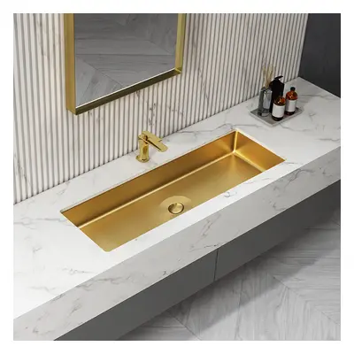 1060mm Bathroom Basin Undermount Rectangular Stainless Steel with Drain Brushed Gold