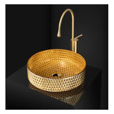 390mm Modern Luxury Diamond Shaped Crystal Glass Bathroom Countertop Basin in Gold