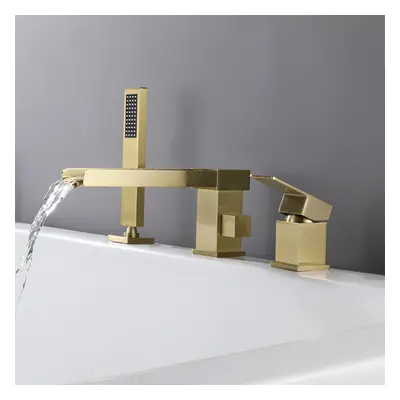 Mill Deck-Mount Waterfall 3 Holes Bath Filler Tap with Handshower in Brushed Gold