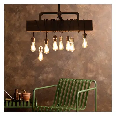 Industrial 8-Light Wood Beam Plumbing Pipe Hanging Bulbs Island Pendant Light