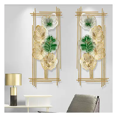 860mm 2 Pieces Metal Leaf Framed Wall Decor Gold & Green Rectangle in Living Room