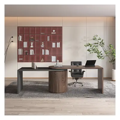 Modern L Shaped Rotatable Black & Walnut Executive Office Desk with Drawers White Office Furnitu