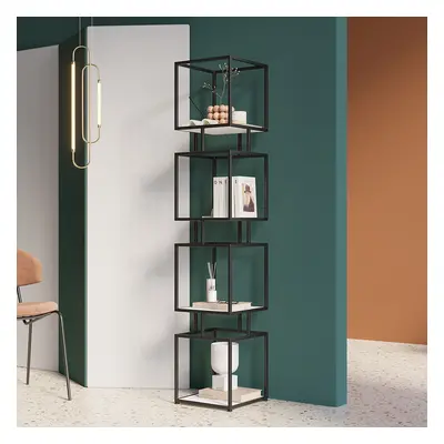 Modern Black Cube Bookcase with Metal 4-Tier Bookshelf Tower Display Tall Shelf