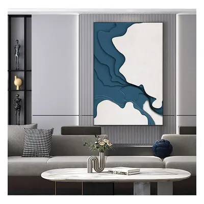 Modern Rectangle Wall Decor Abstract Canvas Print Art with Frame in Blue & White