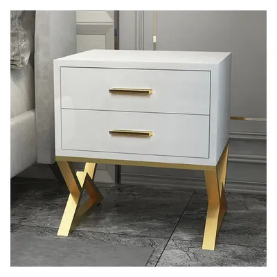 Nordic White Nightstand 2-Drawer Bedside Table Gold Finish