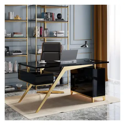 Hungled 1800mm Modern Black & Gold Office Wood Executive Desk with Storage File Cabinet