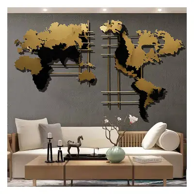 1200mm Modern 3D Gold & Black Metal World Map Home Wall Decor Art in Living Room