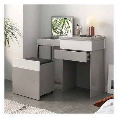 Grey Makeup Vanity with Mirror Foldable Dressing Table with Stool & Hidden Drawer