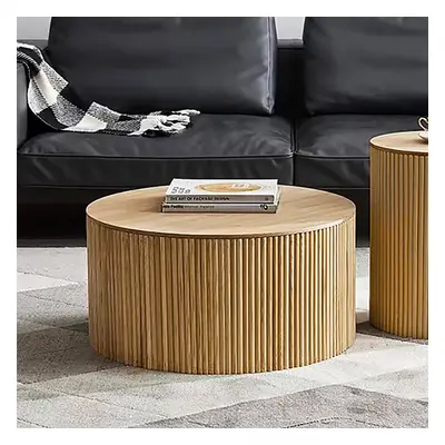 28" Japandi Round Wood Coffee Table with Storage in Natural