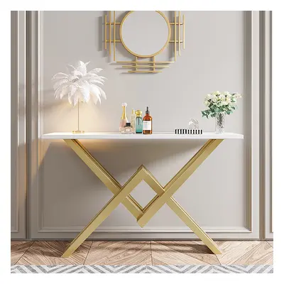 1200mm Narrow Rectangle White Console Table with Wooden Top and Gold Metal Base