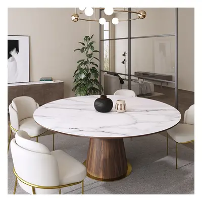 Round Dining Table Sintered Stone Top Wooden Base for 6 Mid-Century Modern