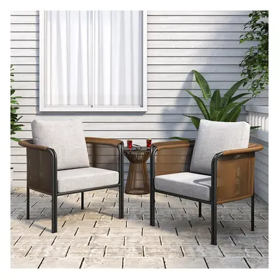 3Pcs Modern Coffee Rattan Outdoor Sofa Set with Glass Top Coffee Table and Gray Cushion