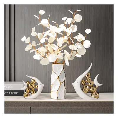 Matte Gold Pair of Fish Resin Ornaments White Artificial Plant Arrangement in Gold Vase