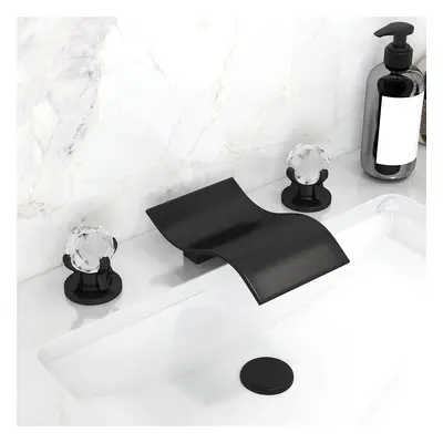 Deck Mount 3 Hole Waterfall Dual Crystal Lever Bathroom Basin Tap in Black