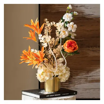 Orange Artificial Flowers in Vase Set Realistic Hydrangea Gold Ceramic Vase Home Decor