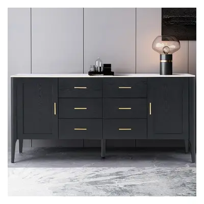 Modern Black Sideboard Buffet Sintered Stone Top Drawers&2 Doors Kitchen Cabinet