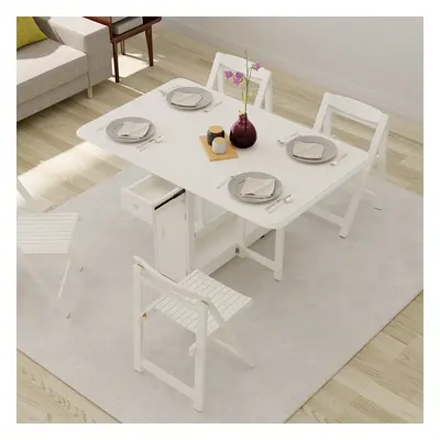 1450mm Modern White Folding Dining Table Set Solid Wood Drop Leaf with 4 Chairs