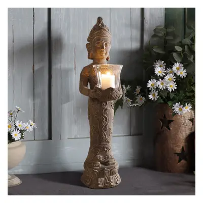 555mm Brown Resin Garden Buddha Statue With Candle Holder Outdoor Sculpture Decor Art