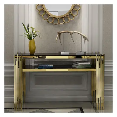 1200mm Modern Black Faux Marble Narrow Console Table with Storage Shelf and 4 Gold Legs