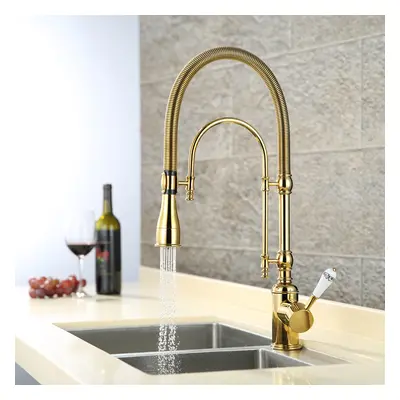 High Arc Dual-Mode Pull-Down Kitchen Faucet Solid Brass with Porcelain Handle