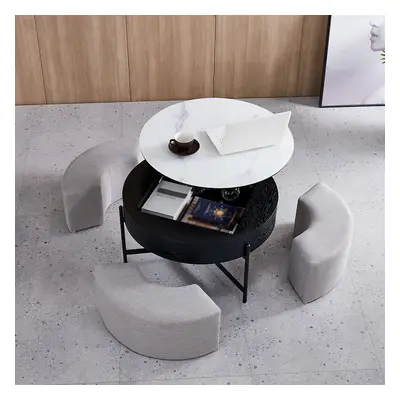 Modern Round Lift-Top Coffee Table with Storage & 3 Ottoman White & Black