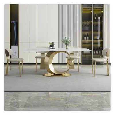 71" White Rectangular Dining Table Modern Faux Marble Tabletop with Pedestal Base