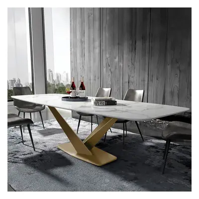 63" Modern White Faux Marble Rectangular Dining Table with Stainless Steel X-Base